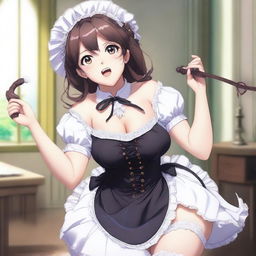 A sexy, cute, and flustered maid girl with a voluptuous figure and large breasts, holding a whip