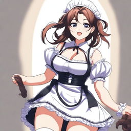 A sexy, cute, and flustered maid girl with a voluptuous figure and large breasts, holding a whip