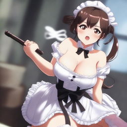 A sexy, cute, and flustered maid girl with a voluptuous figure and large breasts, holding a whip