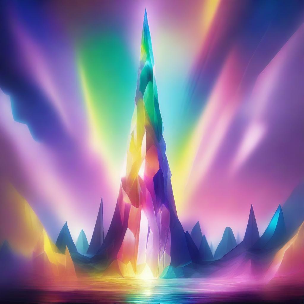 A towering crystalline spire made of interlocking, translucent crystals that shimmer in every color of the spectrum