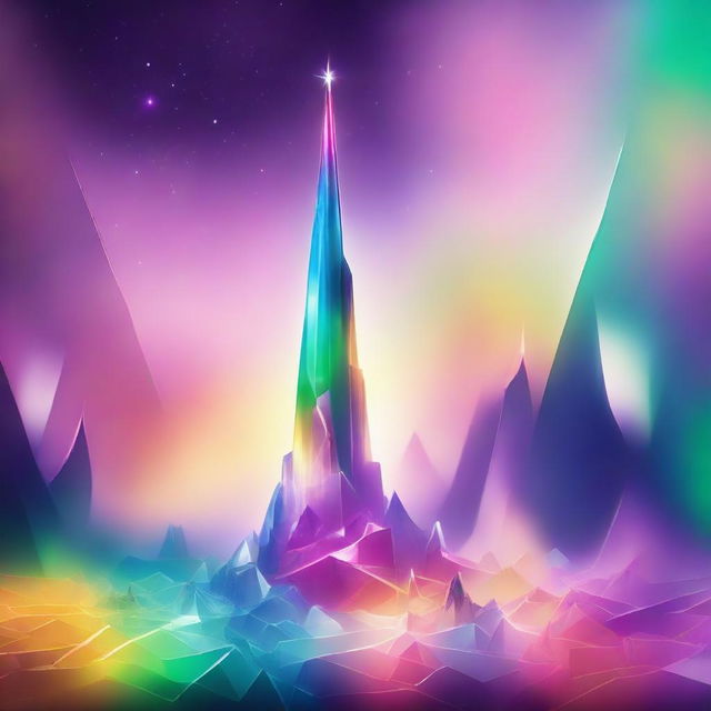 A towering crystalline spire made of interlocking, translucent crystals that shimmer in every color of the spectrum