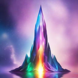 A towering crystalline spire made of interlocking, translucent crystals that shimmer in every color of the spectrum