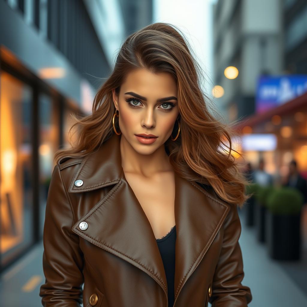 A beautiful and attractive woman with a confident and alluring expression, dressed in stylish and fashionable attire, standing in a modern urban setting