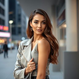 A beautiful and attractive woman with a confident and alluring expression, dressed in stylish and fashionable attire, standing in a modern urban setting