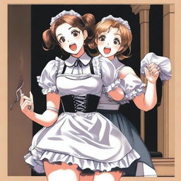 A sexy, cute, and flustered maid girl with a voluptuous figure and large breasts is depicted beating up a terrified, sexy, and cute girl with a whip