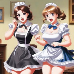 A sexy, cute, and flustered maid girl with a voluptuous figure and large breasts is depicted beating up a terrified, sexy, and cute girl with a whip