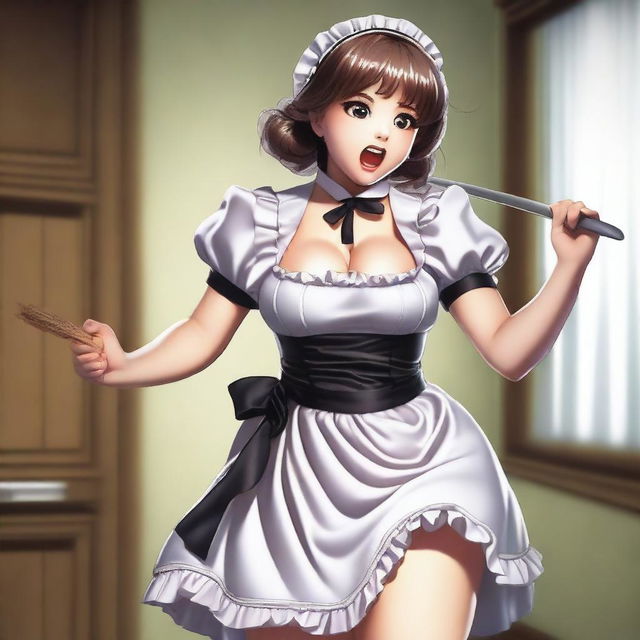 A sexy, cute, and flustered maid girl with a voluptuous figure and large breasts is depicted beating up a terrified, sexy, and cute girl with a whip