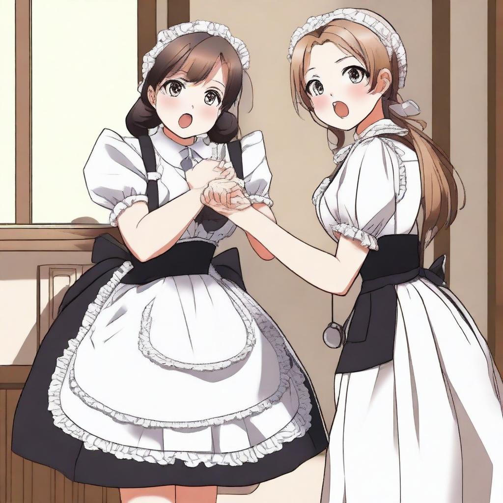 A sexy, cute, and flustered maid girl with a voluptuous figure and large breasts is depicted beating up a terrified, sexy, and cute slave girl with a whip