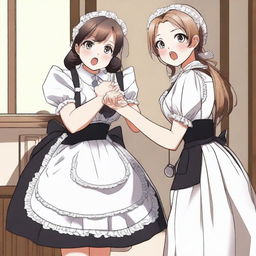 A sexy, cute, and flustered maid girl with a voluptuous figure and large breasts is depicted beating up a terrified, sexy, and cute slave girl with a whip