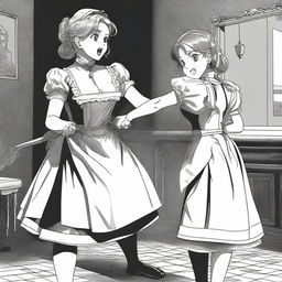 A sexy, cute, and flustered maid girl with a voluptuous figure and large breasts is depicted beating up a terrified, sexy, and cute slave girl with a whip