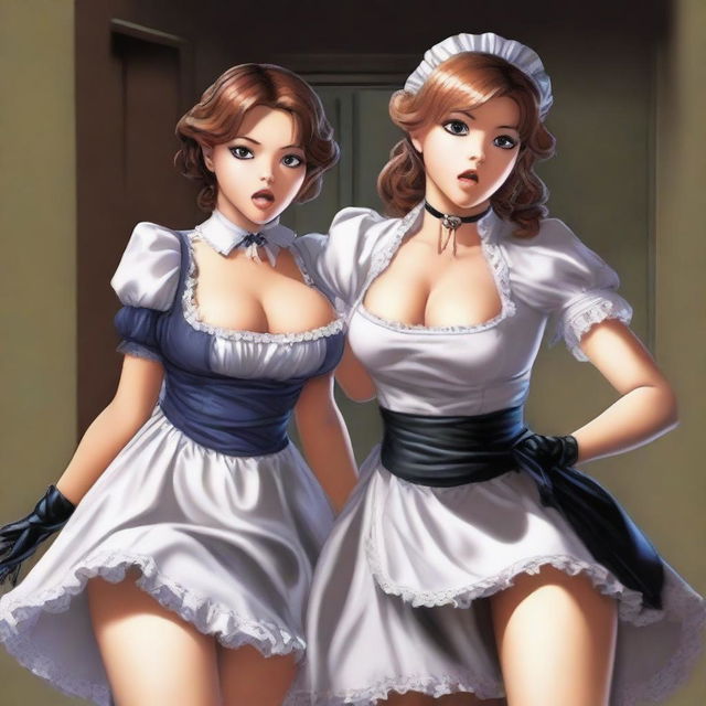 A sexy, cute, and flustered maid girl with a voluptuous figure and large breasts is depicted beating up a terrified sexy slave girl with a whip