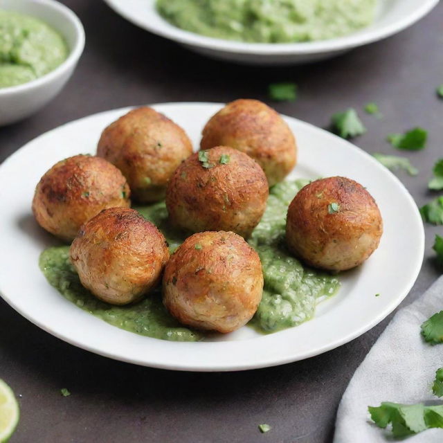 Chicken balls placed on a plate, with a drizzle of green salsa underneath them.