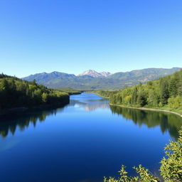 A beautiful landscape featuring a serene lake surrounded by lush green trees and a mountain range in the background under a clear blue sky