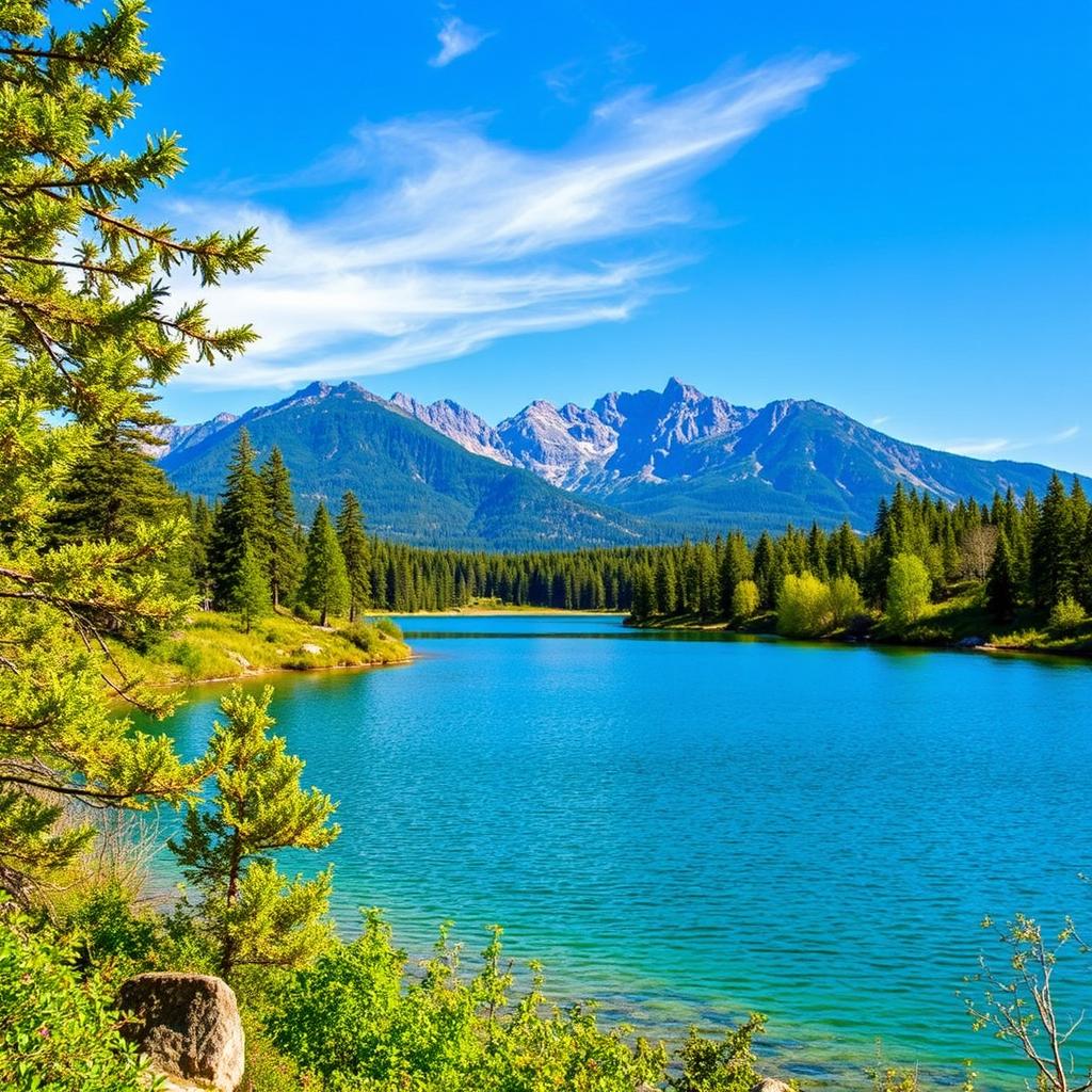 A beautiful landscape featuring a serene lake surrounded by lush green trees and a mountain range in the background under a clear blue sky