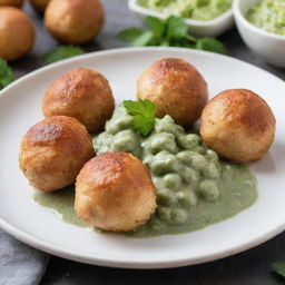 Chicken balls placed on a plate, with a drizzle of green salsa underneath them.