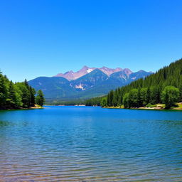 A beautiful landscape featuring a serene lake surrounded by lush green trees and a mountain range in the background under a clear blue sky