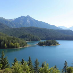 A beautiful landscape featuring a serene lake surrounded by lush green trees and a mountain range in the background under a clear blue sky