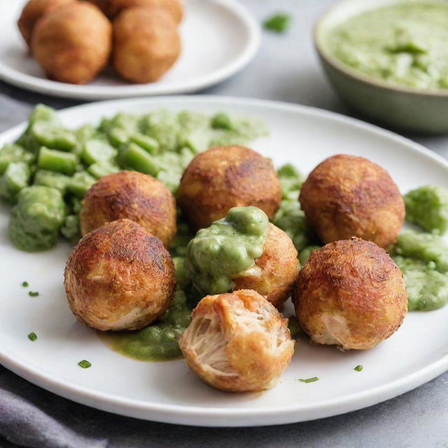 Chicken balls placed on a plate, with a drizzle of green salsa underneath them.
