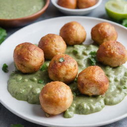 Chicken balls placed on a plate, with a drizzle of green salsa underneath them.