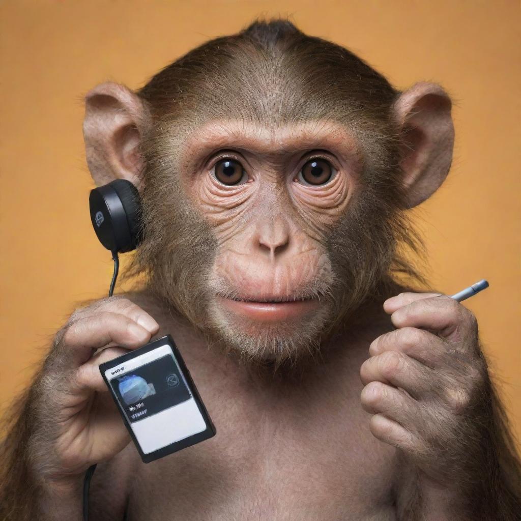 A realistic monkey holding an MP3 player in its hands