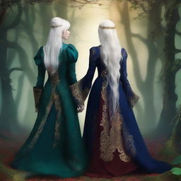 The book cover shows two women standing back to back in the middle of a magical forest