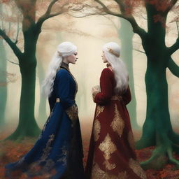 The book cover shows two women standing back to back in the middle of a magical forest