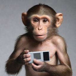 A realistic monkey holding an MP3 player in its hands