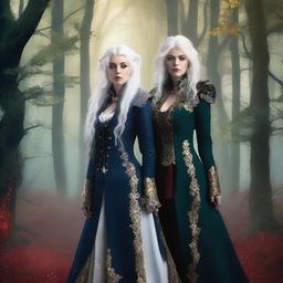 The book cover shows two women standing back to back in the middle of a magical forest