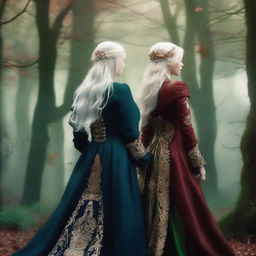 The book cover shows two women standing back to back in the middle of a magical forest