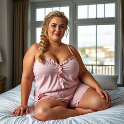 A curvy plump blond woman with hair in a plait is posing on a bed with a large window behind her showing a view of St Ives