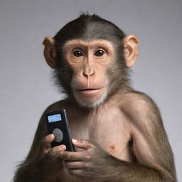 A realistic monkey holding an MP3 player in its hands