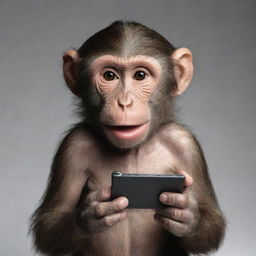 A realistic monkey holding an MP3 player in its hands