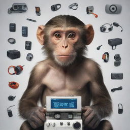 A film poster featuring a monkey equipped with an assortment of high-tech gadgets.