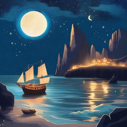 A moonlit coastal scene with towering cliffs overlooking the ocean, where glowing, ethereal stars rise from the water's depths, casting an otherworldly light