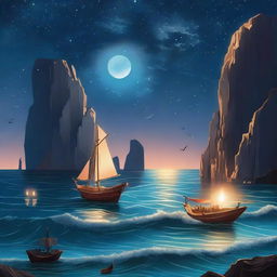 A moonlit coastal scene with towering cliffs overlooking the ocean, where glowing, ethereal stars rise from the water's depths, casting an otherworldly light