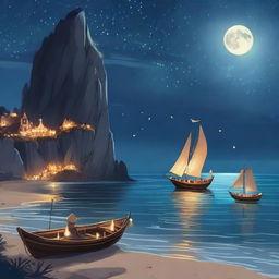 A moonlit coastal scene with towering cliffs overlooking the ocean, where glowing, ethereal stars rise from the water's depths, casting an otherworldly light