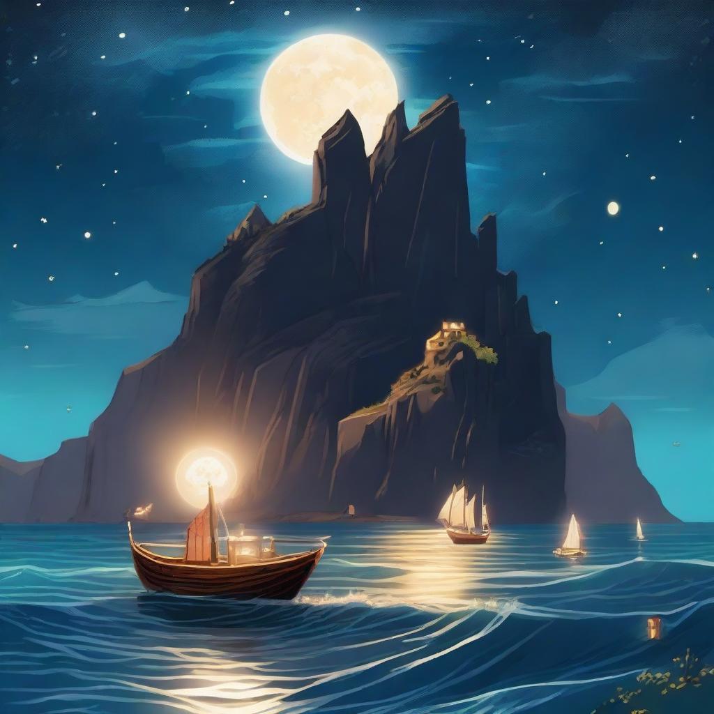 A moonlit coastal scene with towering cliffs overlooking the ocean, where glowing, ethereal stars rise from the water's depths, casting an otherworldly light