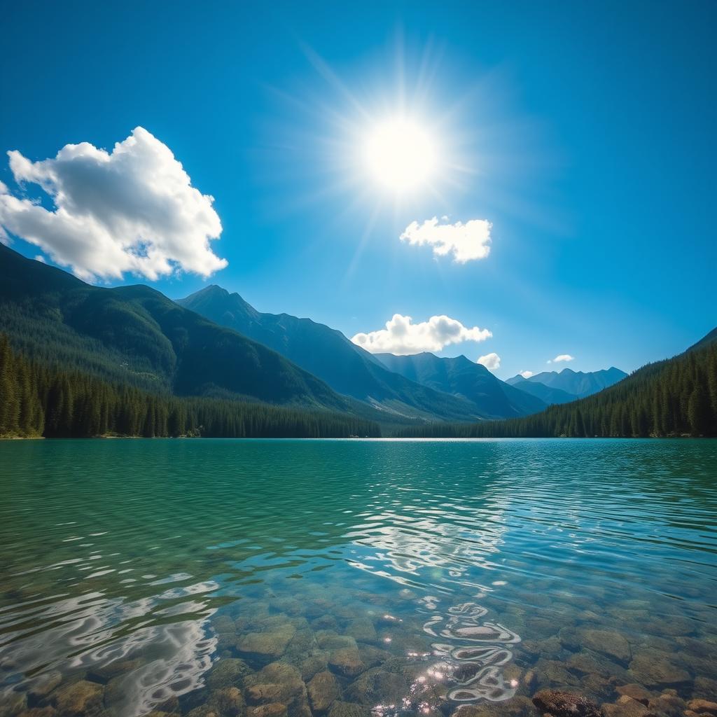 A serene landscape featuring a crystal-clear lake surrounded by lush green forests and majestic mountains in the background