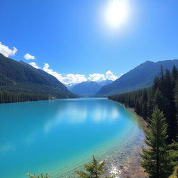 A serene landscape featuring a crystal-clear lake surrounded by lush green forests and majestic mountains in the background