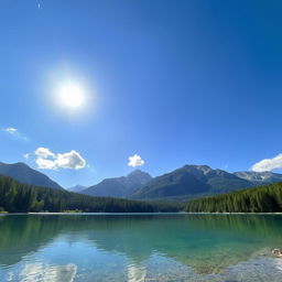 A serene landscape featuring a crystal-clear lake surrounded by lush green forests and majestic mountains in the background