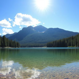 A serene landscape featuring a crystal-clear lake surrounded by lush green forests and majestic mountains in the background