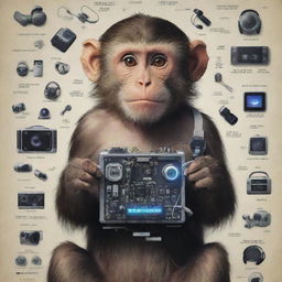 A film poster featuring a monkey equipped with an assortment of high-tech gadgets.