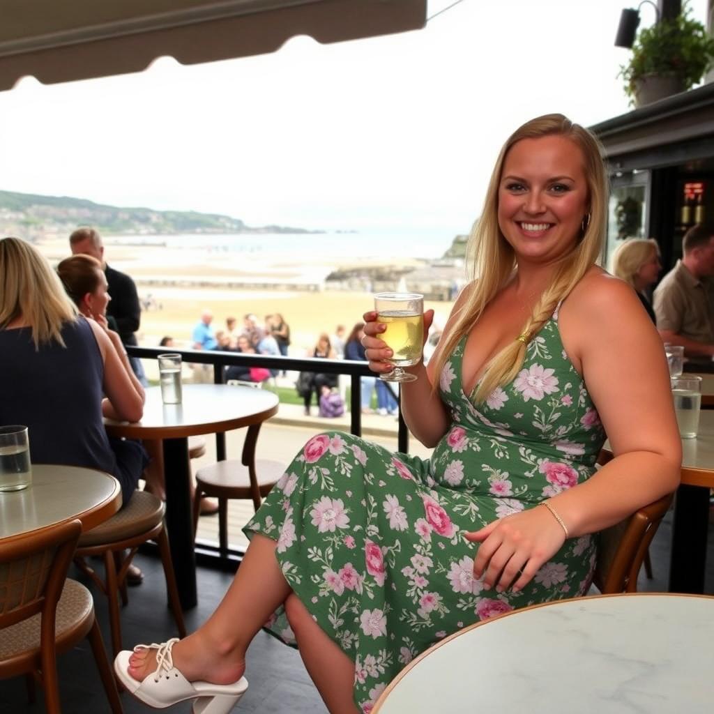 A curvy blond woman with hair in a sexy plait is seated in a cafe overlooking the beach at Lyme Regis