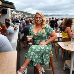 A curvy blond woman with hair in a sexy plait is seated in a cafe overlooking the beach at Lyme Regis