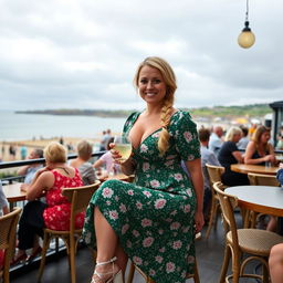 A curvy blond woman with hair in a sexy plait is seated in a cafe overlooking the beach at Lyme Regis