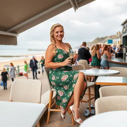 A curvy blond woman with hair in a sexy plait is seated in a cafe overlooking the beach at Lyme Regis