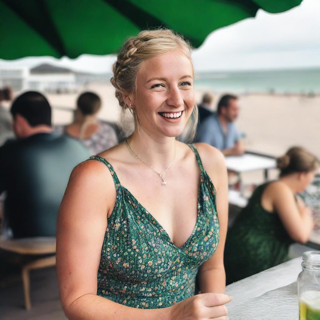 A curvy blond woman with hair in a sexy plait is seated in a cafe overlooking the beach at Lyme Regis