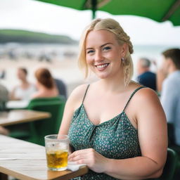 A curvy blond woman with hair in a sexy plait is seated in a cafe overlooking the beach at Lyme Regis