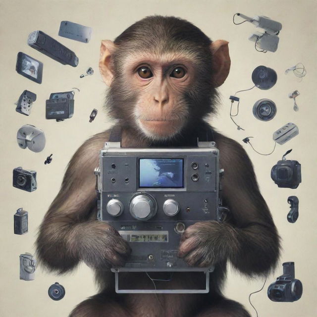 A film poster featuring a monkey equipped with an assortment of high-tech gadgets.