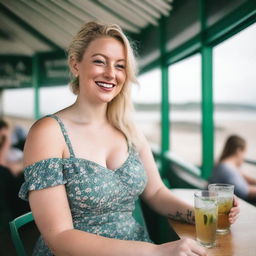 A curvy blond woman with hair in a sexy plait is seated in a cafe overlooking the beach at Lyme Regis